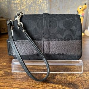 Coach Signature Legacy Black Wristlet  with Metallic Silver Stripe